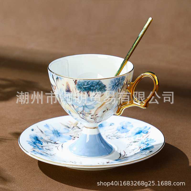 出口高级感高脚咖啡杯骨瓷杯子高档精致复古英式下午茶茶具套装