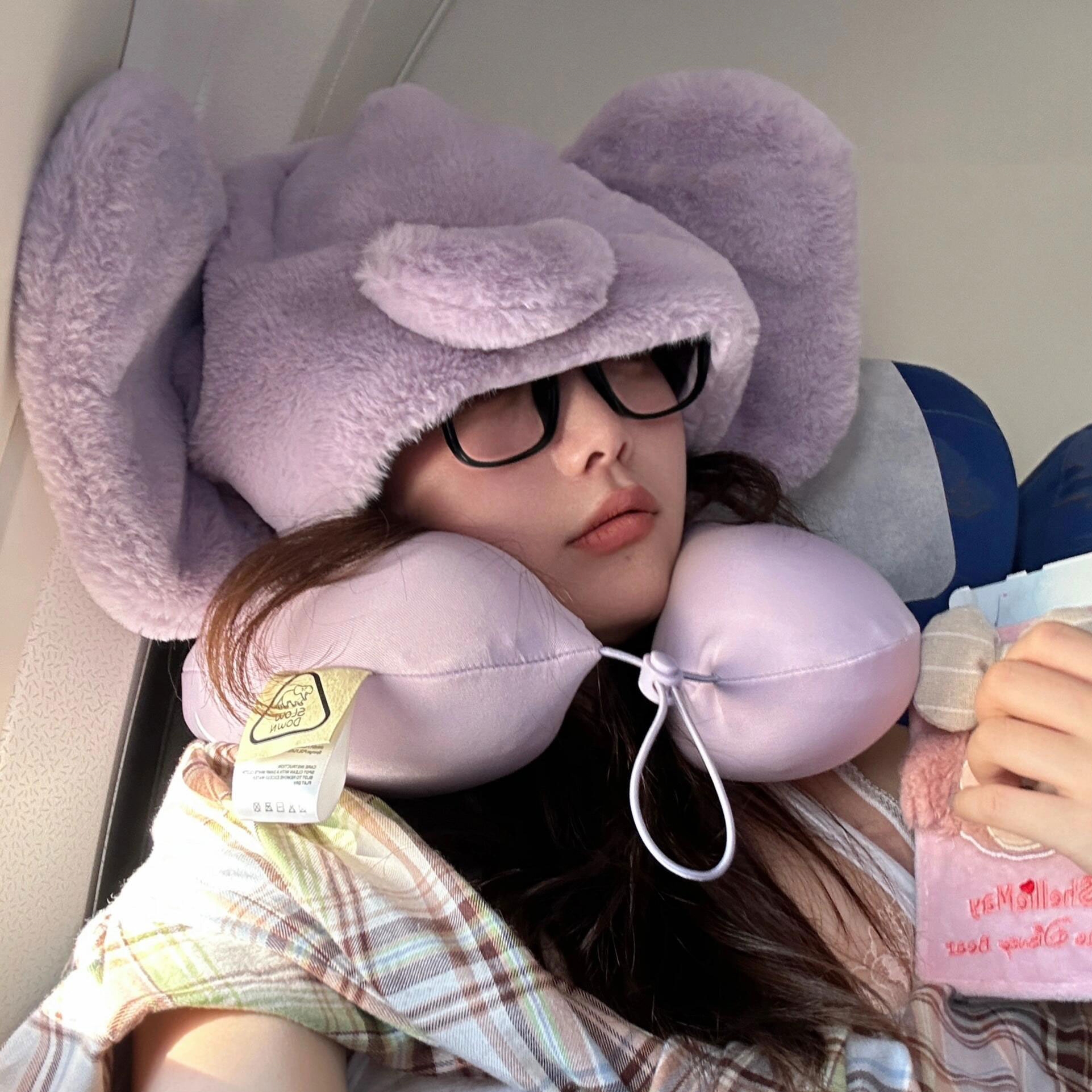 紫色小飞象u型枕雪莉玫连帽U护颈枕开车高铁飞机旅行护脖枕头卡通