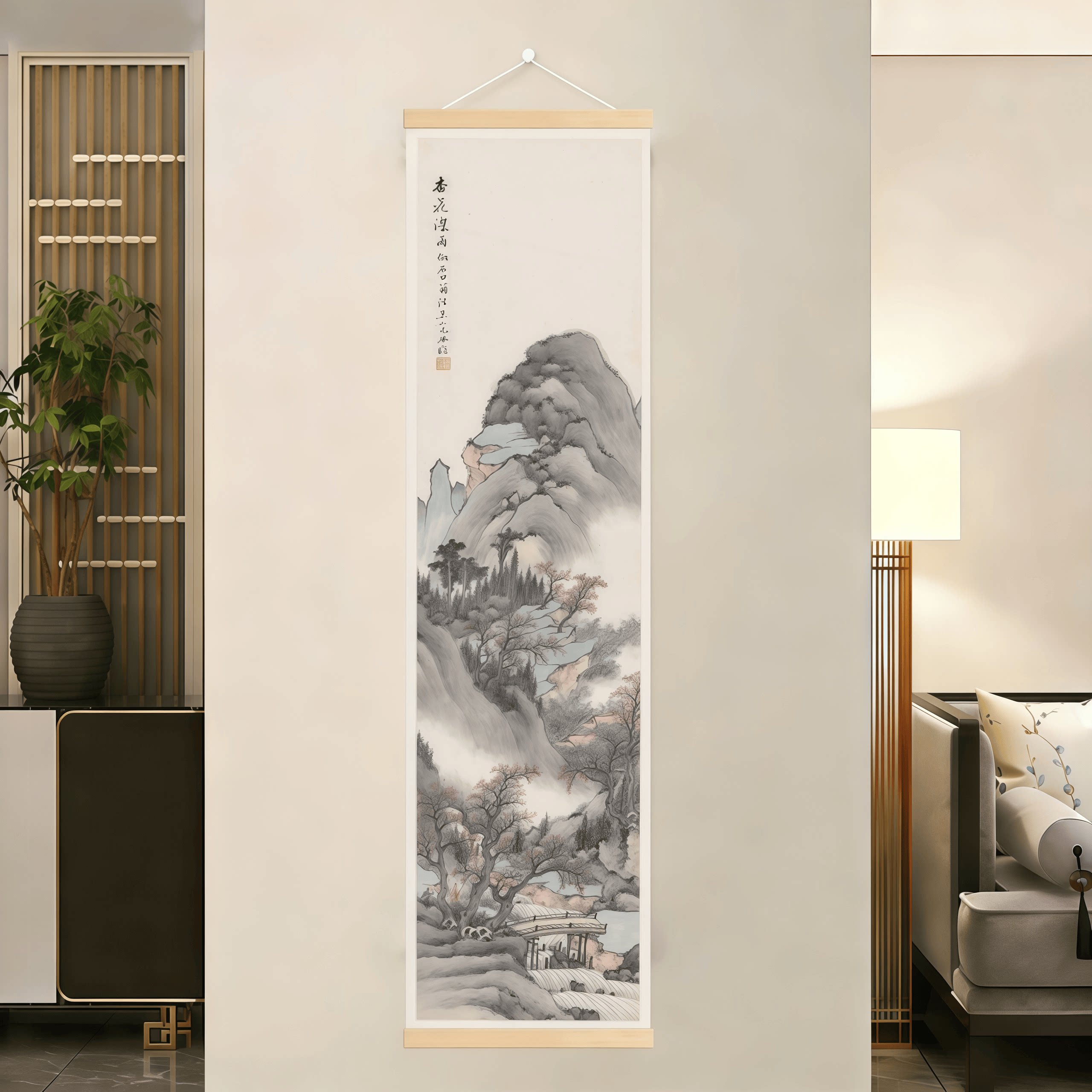 四季山水画四联画春夏秋冬国画客厅书房背景墙卷轴挂画新中式古典