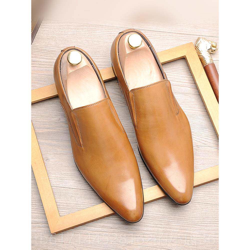 正品气韩版潮男头层牛皮头套皮鞋英伦商务休闲一脚蹬脚尖透真皮男