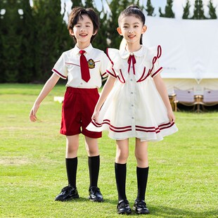 小学生夏季班服学院风红色短袖校服套装幼儿园园服毕业照表演出服