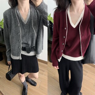 自留推荐 羊毛背心+开衫两件套装女学院灰色m*iu风假两件拼色针织