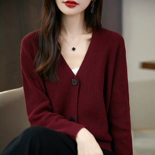 枣红色落肩袖针织开衫女外搭慵懒宽松显瘦不起球100%纯棉毛衣外套