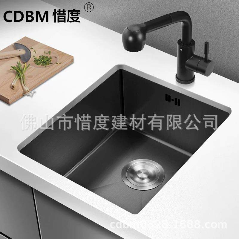 304不锈钢手工水槽单槽水斗纳米黑吧台小户型40*30含抽拉龙头套装