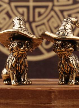 黄铜实心纯铜小摆件桌面手把件可爱魔法猫茶道茶宠雕铸古玩小铜器