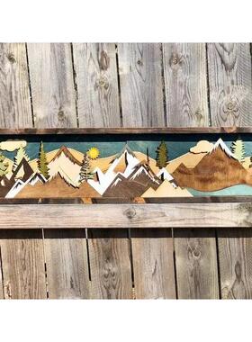 手工木制森林和山墙装饰山墙风景墙艺术装饰品日落月景画木质