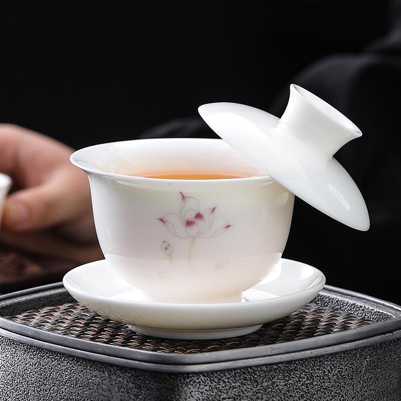 白瓷悬停羊脂玉盖碗茶三才盖碗家用单个陶瓷茶碗功夫茶具带盖手工