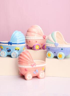 大号创意陶瓷婴儿车摆件可爱首饰仓鼠金丝熊收纳盒花盆装饰礼品