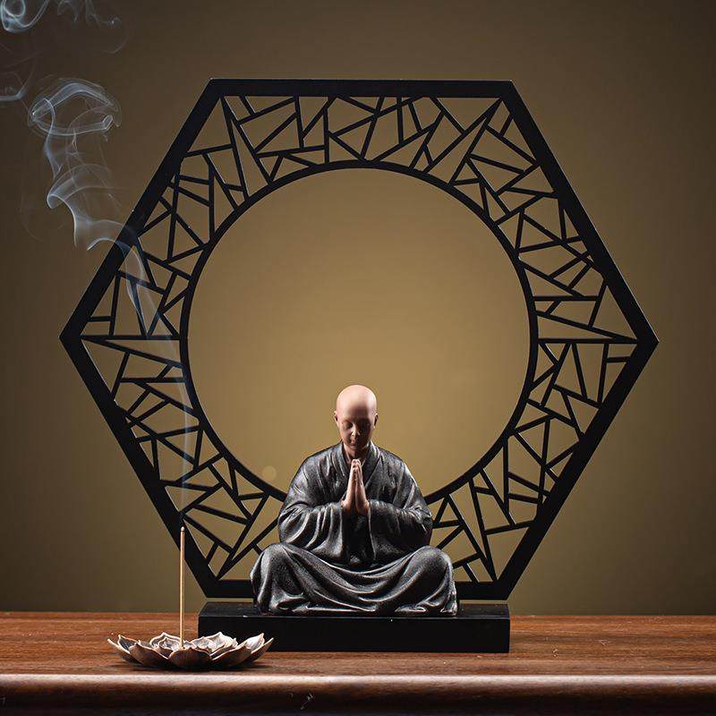 中式禅意小和尚屏风摆件装饰品家居客厅书房办公室陶瓷小沙弥人物