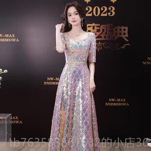 高档成人晚款礼服高级感表演服202新女主持人红色长5裙大合唱团演