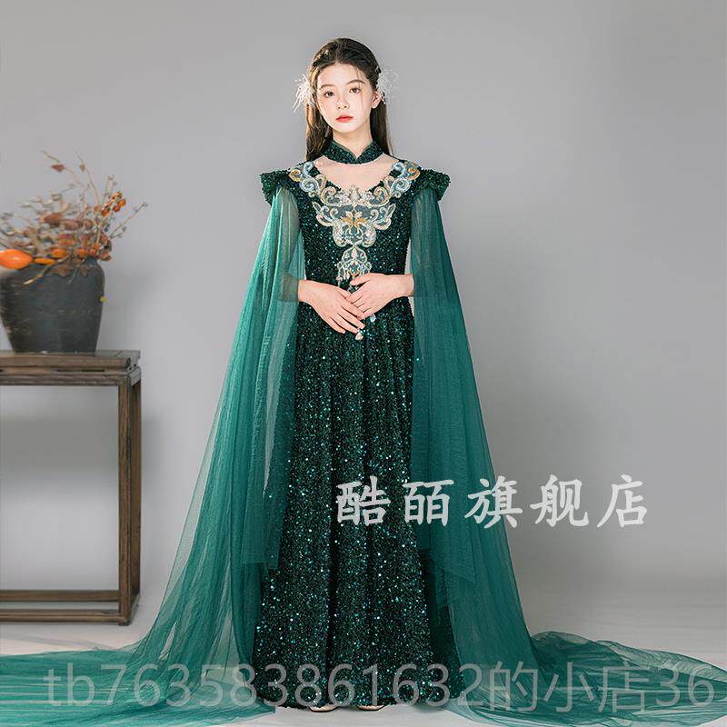 高档高端红色女公童服儿童主裙模特走秀礼持主人礼服弹古筝演出服