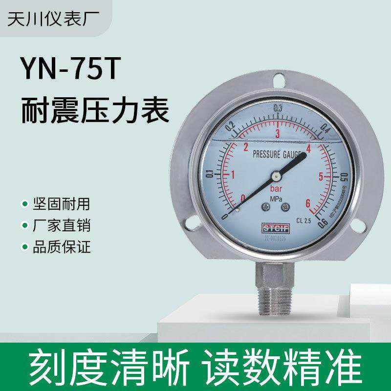YN-75T耐震径向带边真空压力表耐震压力表压力计-0.1+2.4天川