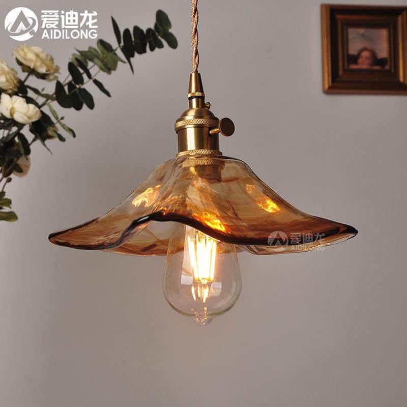 四角玻璃纯铜个性简约卧民玄关宿室床头灯北欧复古日系琥珀色吊灯