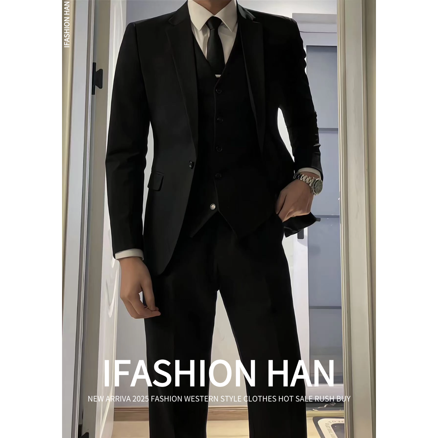 高级感黑色单排扣西装套装男士商务休闲三件套成熟稳重男装四季