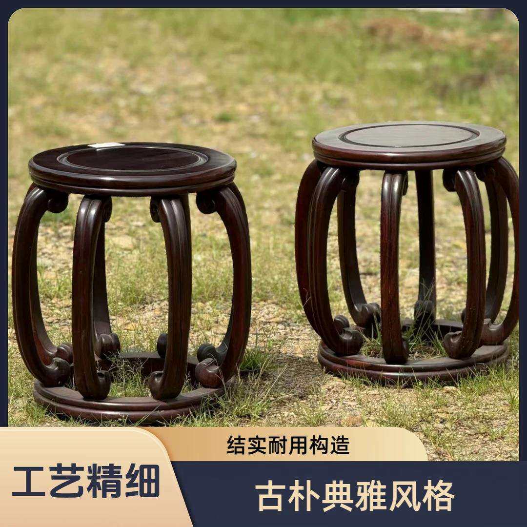 黑酸枝实木八足鼓凳中式茶凳客厅玄关坐凳榫卯书房圆凳