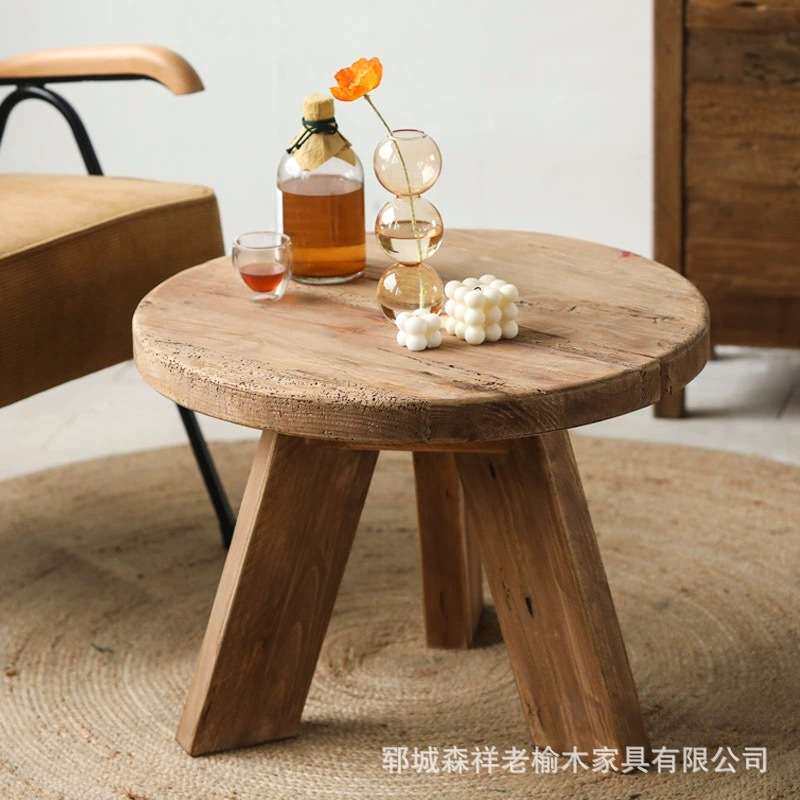 老榆木小圆桌做旧客厅实木茶几圆形小桌子户外喝茶休闲桌卧室边几