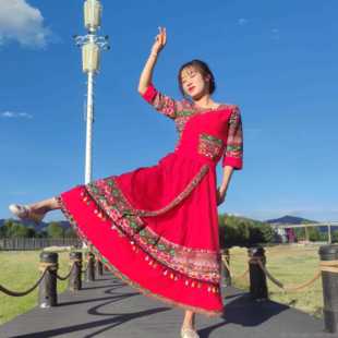 演出服装 大摆洋装 场套裙女成舞广人套 民族风棉麻绣修身 高档新刺款