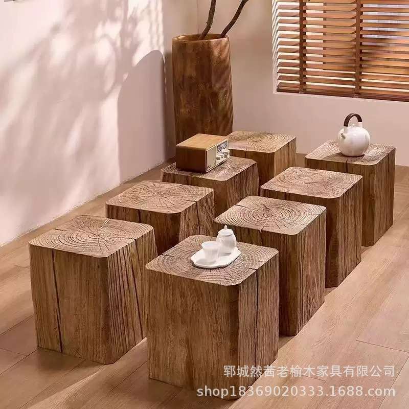老榆木木墩酒店民宿玄关装饰摆件原木木墩盆栽工艺品底座花架木桩