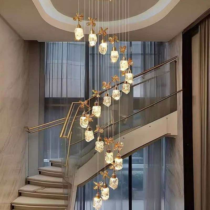 轻奢水晶楼梯灯复式楼挑空客厅吊灯loft别墅公寓旋转楼梯间长吊灯