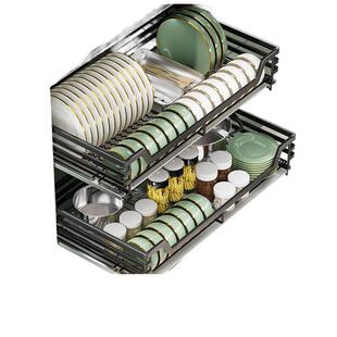 纳米曜石黑拉篮不锈钢厨房橱柜收纳抽屉式碗架双层碗篮碗筷收纳篮