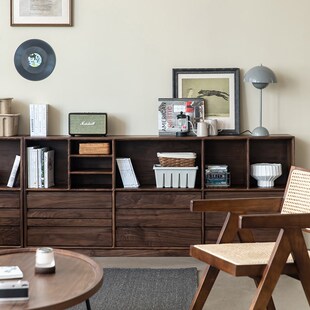 北美黑胡桃木书架全实木矮书柜原木落地靠墙储物抽屉储物架电视柜