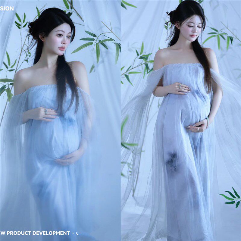 影楼孕妇拍照服装新中式复古水墨画抹胸裙礼服孕期妈咪艺术照服装