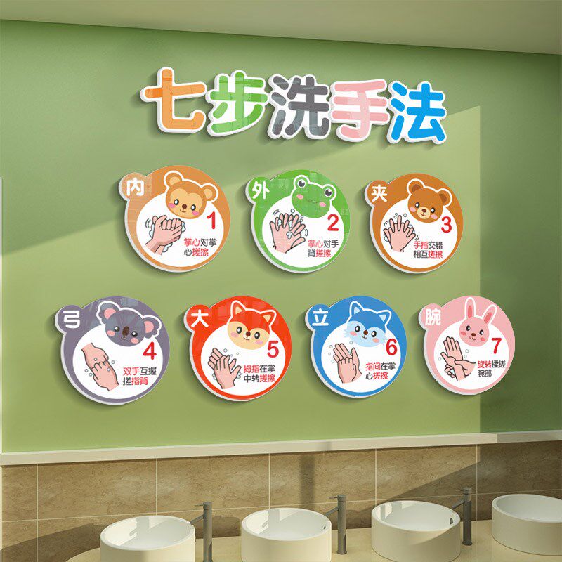 儿童七步洗手法步骤图墙贴幼儿园环创墙面装饰卡通贴纸厕所主题墙