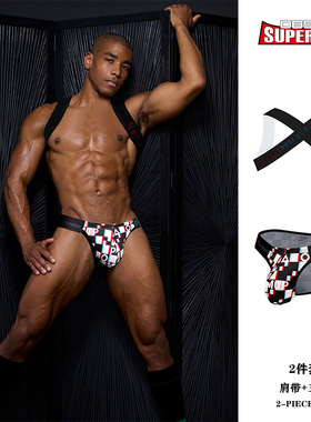 两件套男士高叉三角内裤性感提臀低腰个性格子搭配套装肩带运动潮