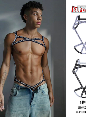 一件套男士内裤运动套装高弹塑型连体镂空吊环双丁字裤性感字母潮