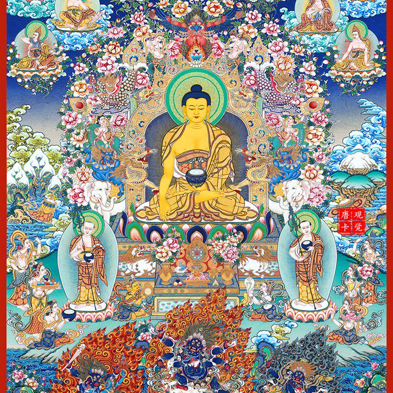馆藏级释迦牟尼佛画像唐卡西藏居海贡热客厅玄关佛堂家青装饰挂画