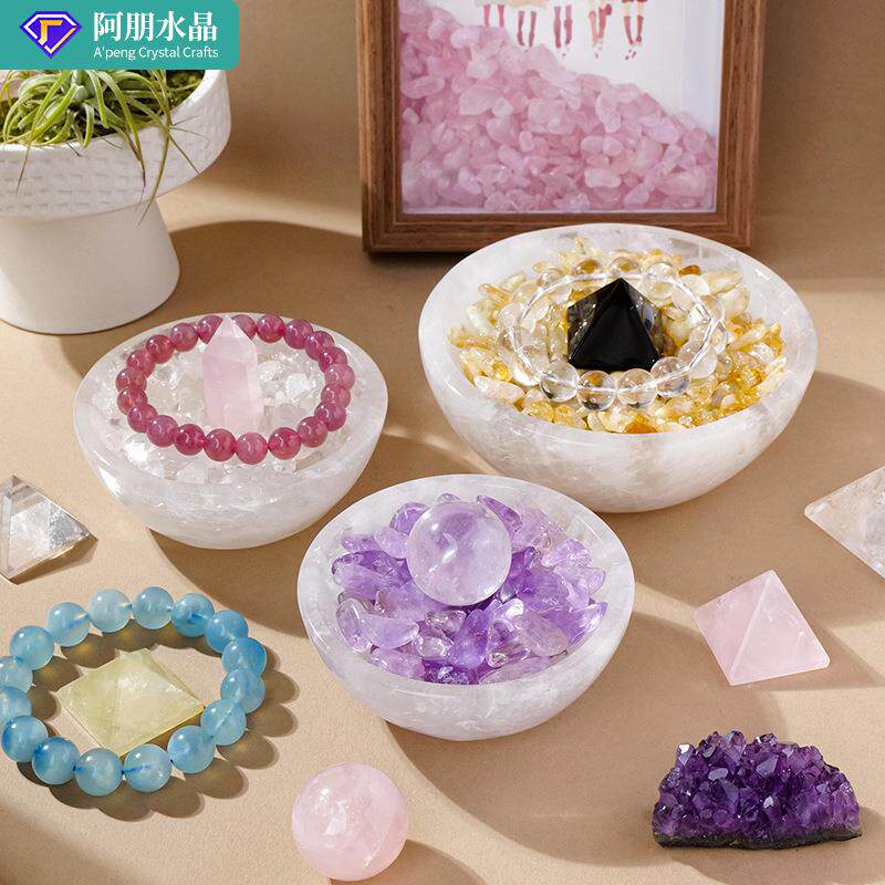 天然水晶白水晶原石消磁碗摩洛哥透石膏石白水晶碎石消磁净化器皿