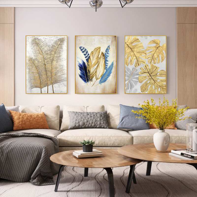 手绘抽象羽毛三联组合油画 客厅沙发背景墙挂画 美式餐厅装饰画
