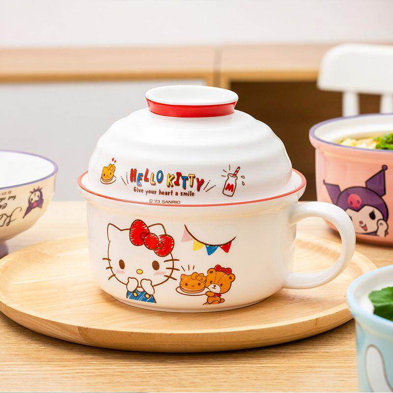 Hello Kitty陶瓷泡面碗带盖带把可爱多功能大号饭盒卡通学生宿舍