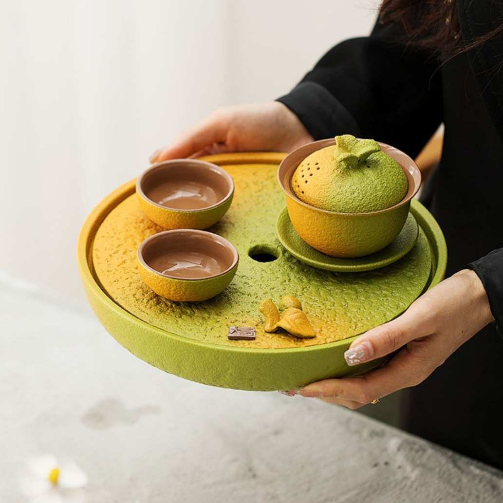 功夫茶具陶瓷盖碗泡茶茶杯茶盘小套装家用日式橘子茶具