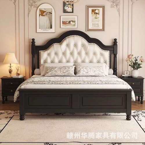 法式复古实木床家用现代简约主卧高端大气双人床中古风轻奢黑色床