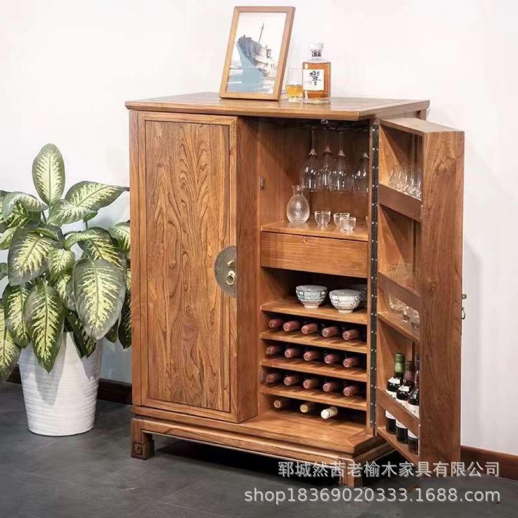 新中式老榆木厨房收纳柜多功能靠墙锅碗餐具收纳柜实木餐边柜酒柜