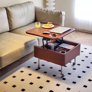 复古实木升降茶几可移动折叠多功能边几小户型客厅卧室中古风边柜