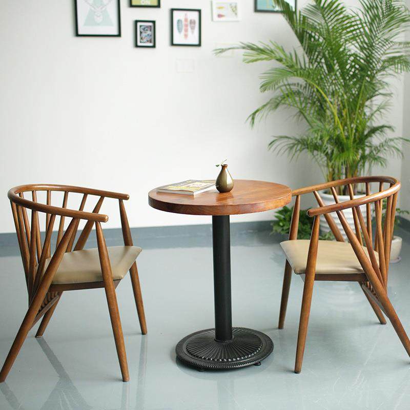 实木双人商用接待成套桌椅组合西餐厅酒吧铁艺圆桌创意休闲桌椅子