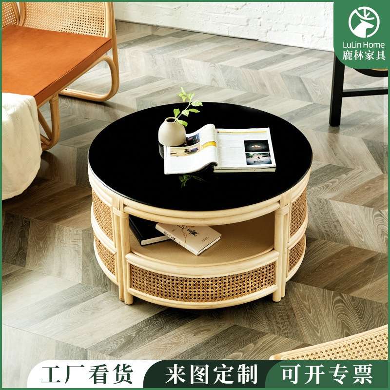 欧式轻奢藤编收纳茶几家用客厅圆几民宿印尼真藤圆形茶几桌椅组合