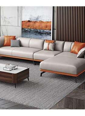 皮艺沙发左右贵妃客厅组合现代轻奢意式简约橙色转角沙发别墅区