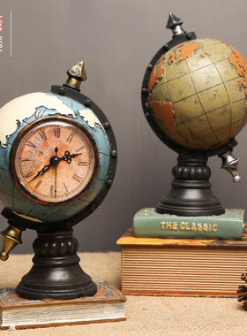 美式复古地球仪摆件装饰品书房办公桌摆设道具创意时钟欧式工艺品
