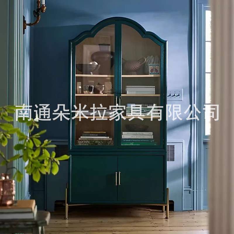 北欧轻奢风实木书柜现代玻璃门金属脚装饰柜客厅多层储物收纳柜