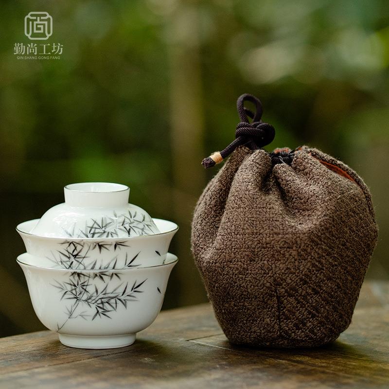 仿古手绘墨竹快客杯描银陶瓷盖碗茶杯小套组便携布袋装旅行茶具
