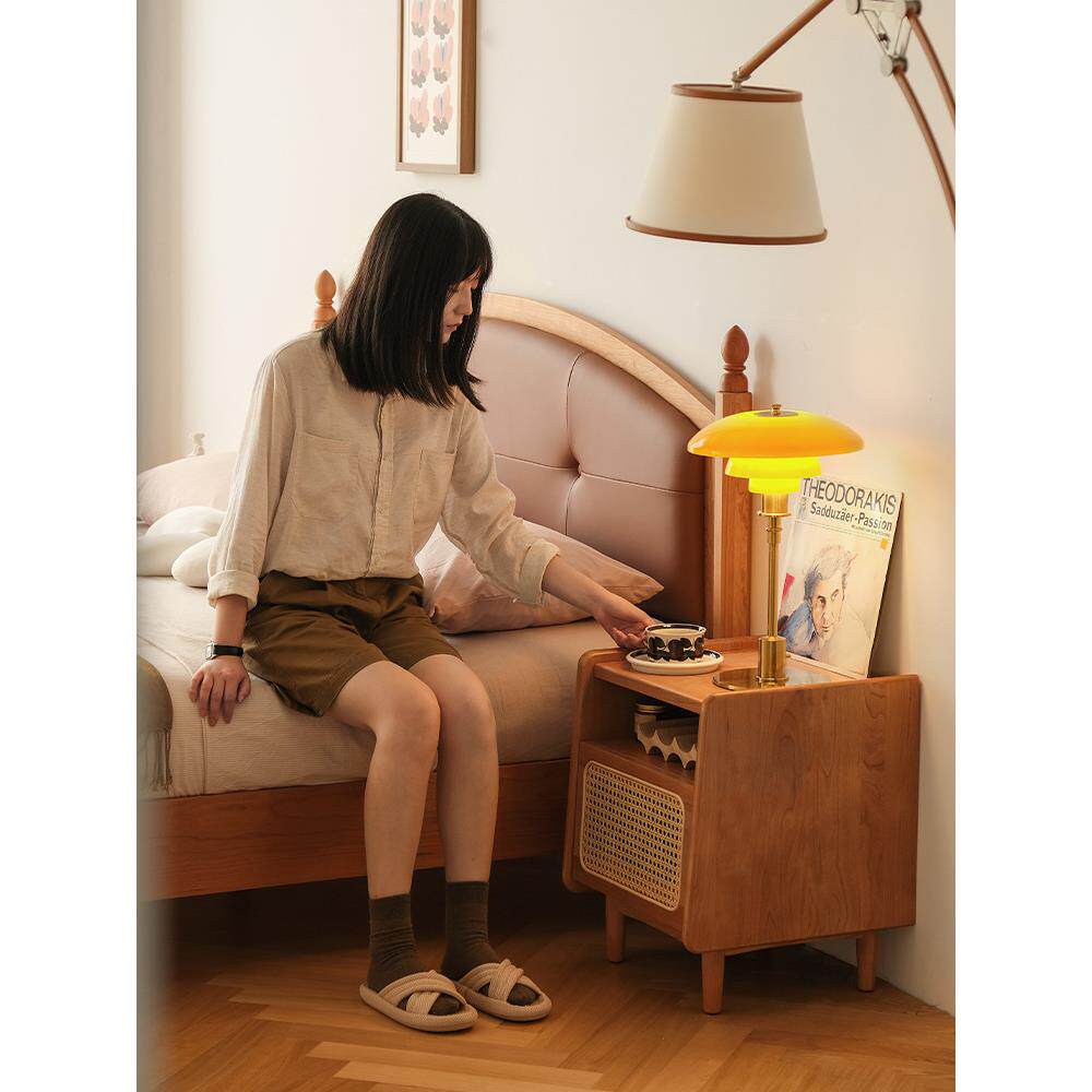 实木藤编床头柜樱桃木日式家具床头置物柜收纳柜储物北欧风柜子