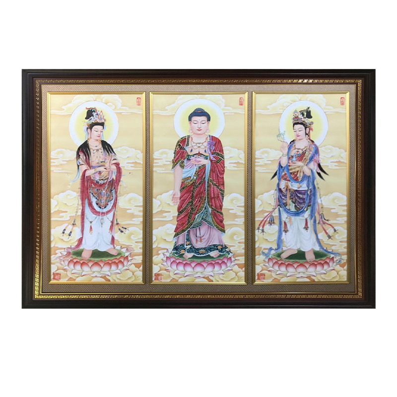 西方三圣壁画相框佛堂挂画花梨木实木带框中式画像手绘佛画精雕图
