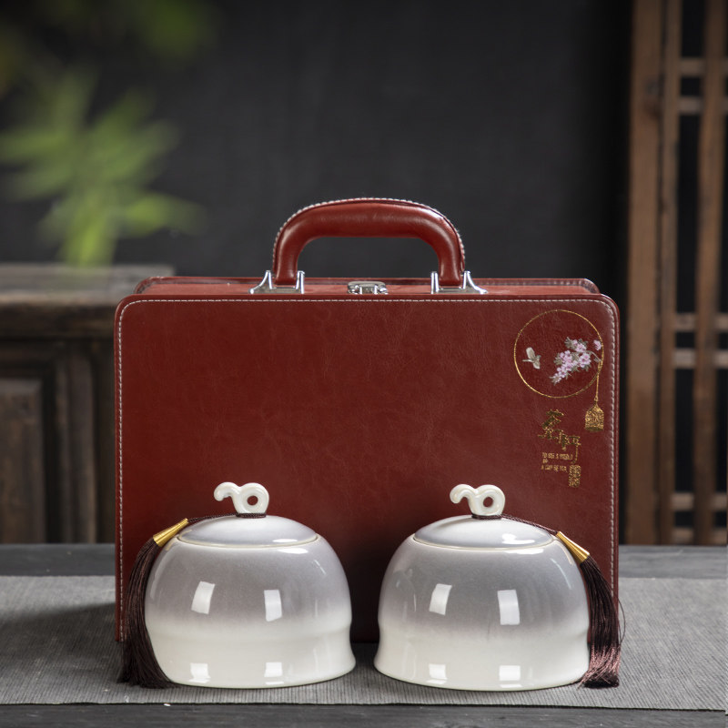 高档皮包茶叶礼盒装空盒白茶绿茶龙井包装盒通用陶瓷茶叶罐半斤装