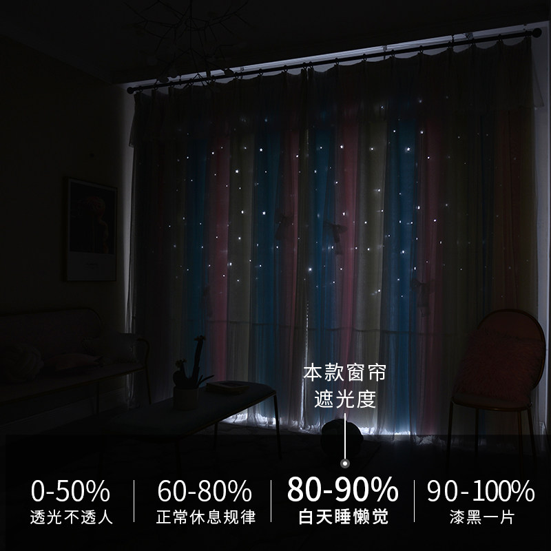 202新年1款流行儿童网公镂空星星双层带纱红主风窗帘遮光卧室飘窗