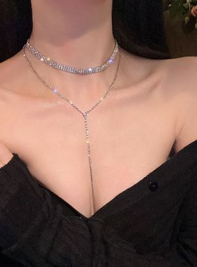 闪钻轻奢流苏项链女choker欧美个性百搭水钻高级感锁骨链颈链批发