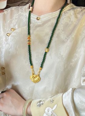 新中式国风珍珠串珠项链墨玉配如意锁中式典雅韵味旗袍毛衣链配饰