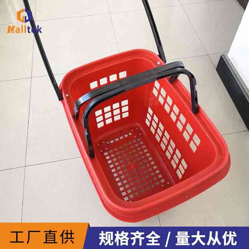 供应80L超市大号塑料篮 四轮加大购物篮 塑料购物拉杆蓝 直销